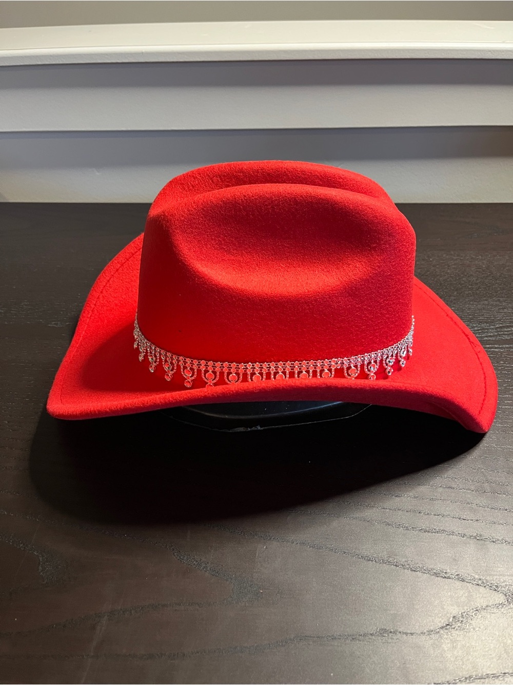 Red Women's Western Felt Cowboy Hat with Rhinestone Band - Picture 3 of 4